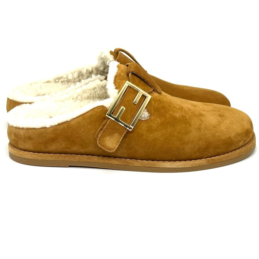 FENDI Feel FF Shearling Buckled Sabots Mules Slides Flat Clog Sandals - Picture 10 of 15